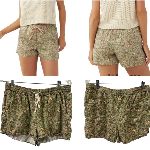 Viscose Oneill Fran Green Floral Print Drawstring Waist 4 Pocket Shorts Womens L - Picture 1 of 12